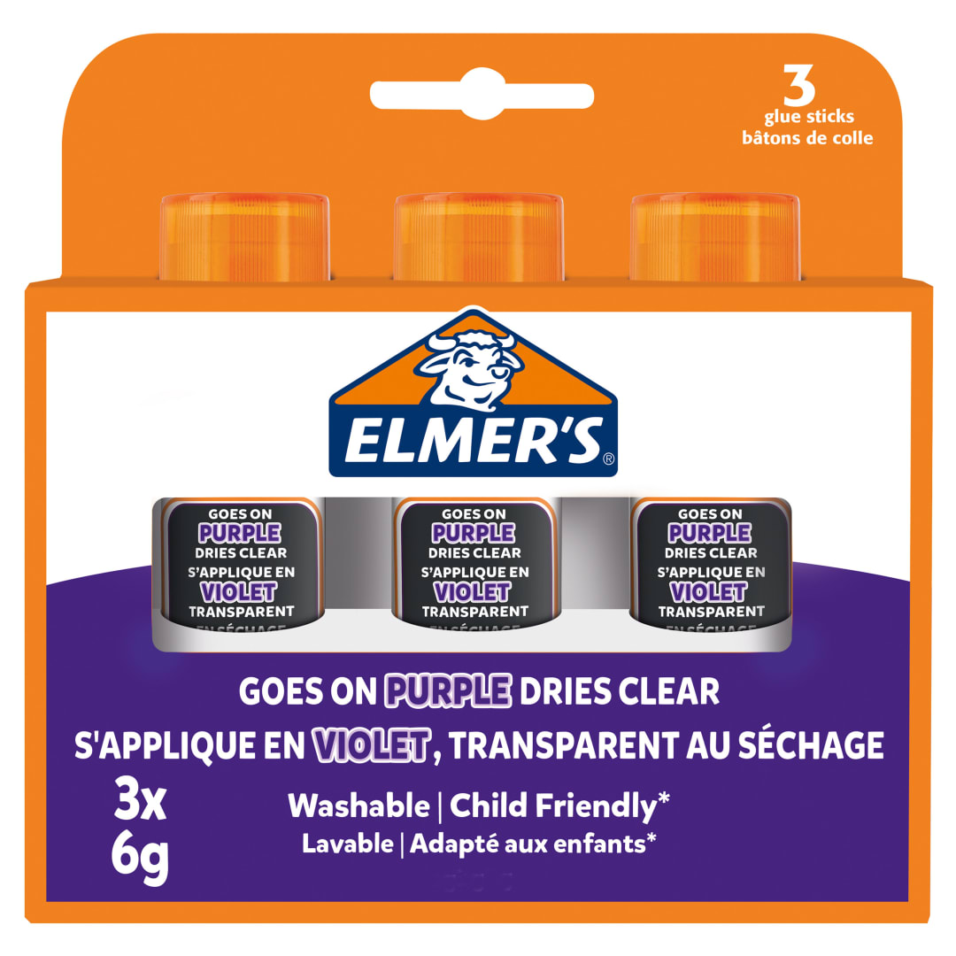 Elmer's barras de pegamento de color morado que desaparece | Se queda transparente al secarse | Ideal para clase y manualidades | Lavable y apto para niños | 6 g | 3 unidades