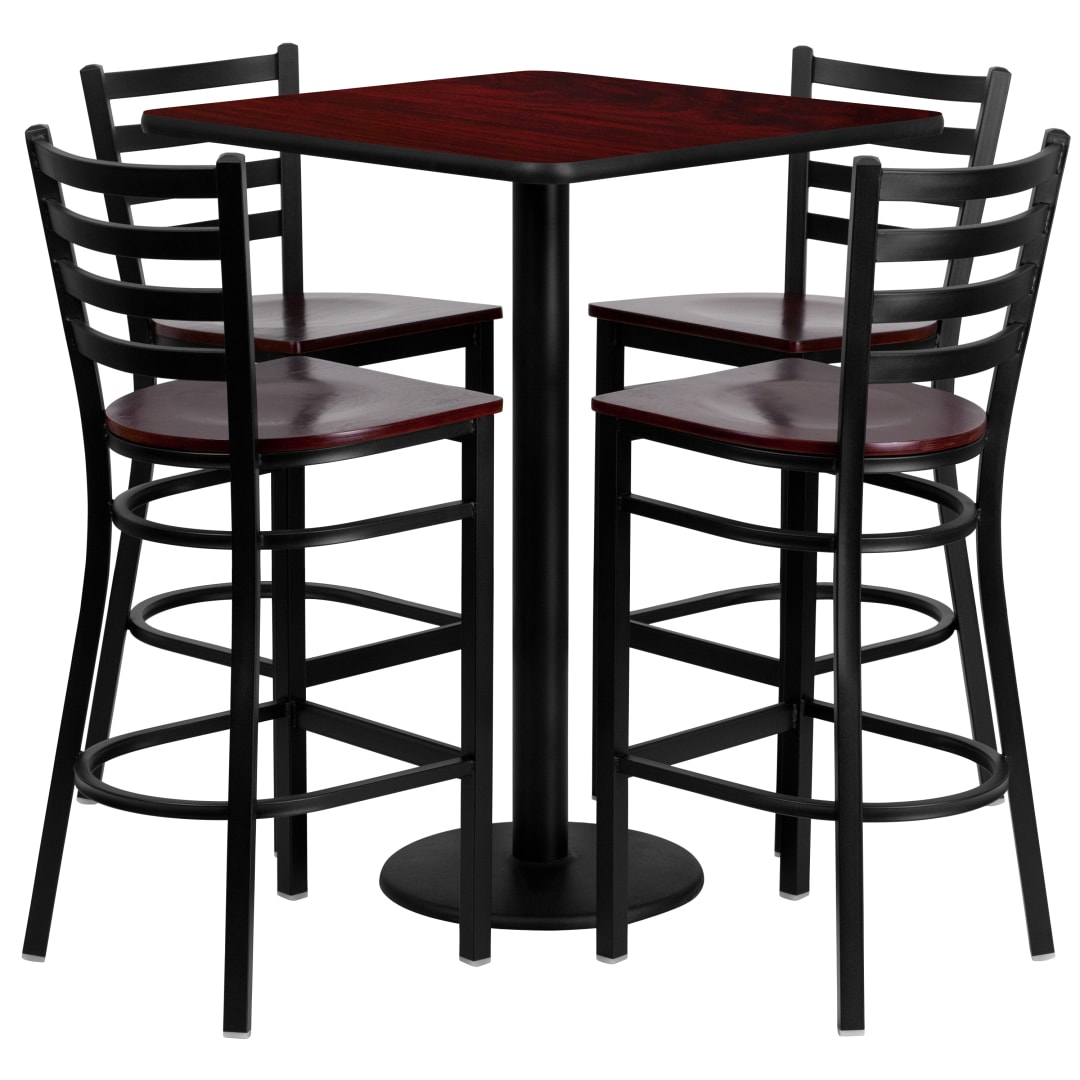 Clark 30'' Square Mahogany Laminate Table Set with 4 Ladder Back Metal Barstools - Mahogany Wood Seat
