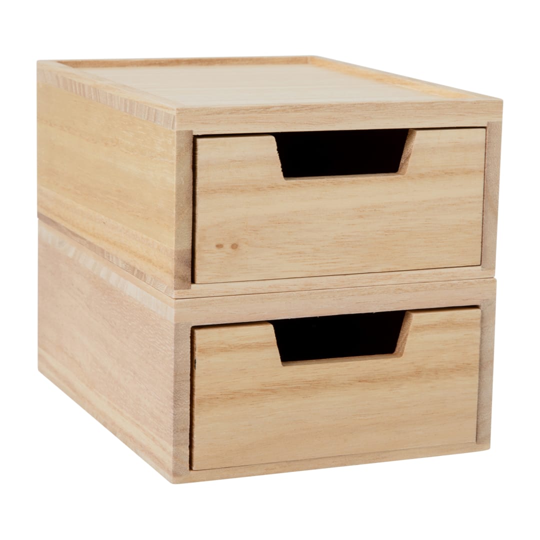Weston 2 Pack Stackable Light Natural Paulownia Wood Boxes with Drawers, Office Desktop Organizers, 5.25" x 7"