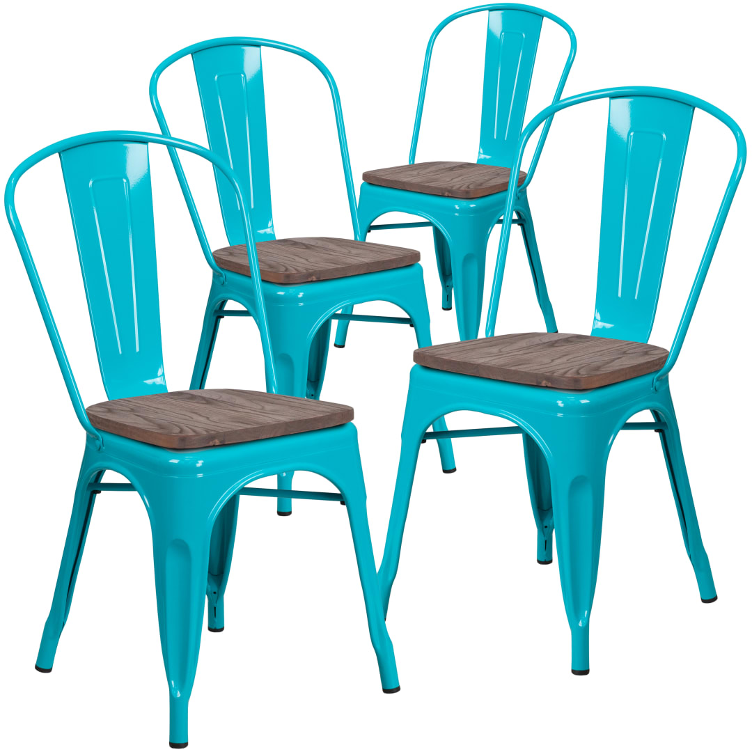 Blake 4 Pk. Crystal Teal-Blue Metal Stackable Chair with Wood Seat