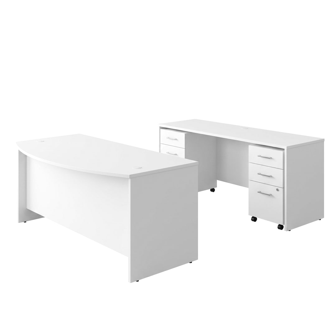 Cornerstone 71"W Executive Bow Front Desk with Credenza and Dual 3-Drawer Mobile Pedestals, White