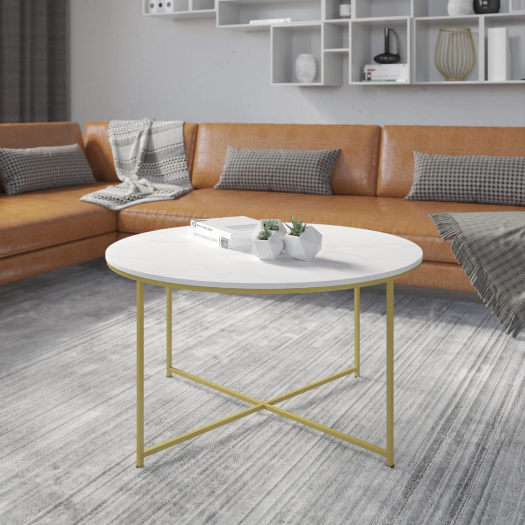 Hampstead Collection Coffee Table - Modern White Marble Finish Accent Table with Crisscross Brushed Gold Frame