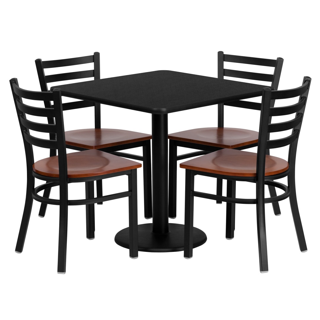 Clark 30'' Square Black Laminate Table Set with 4 Ladder Back Metal Chairs - Cherry Wood Seat