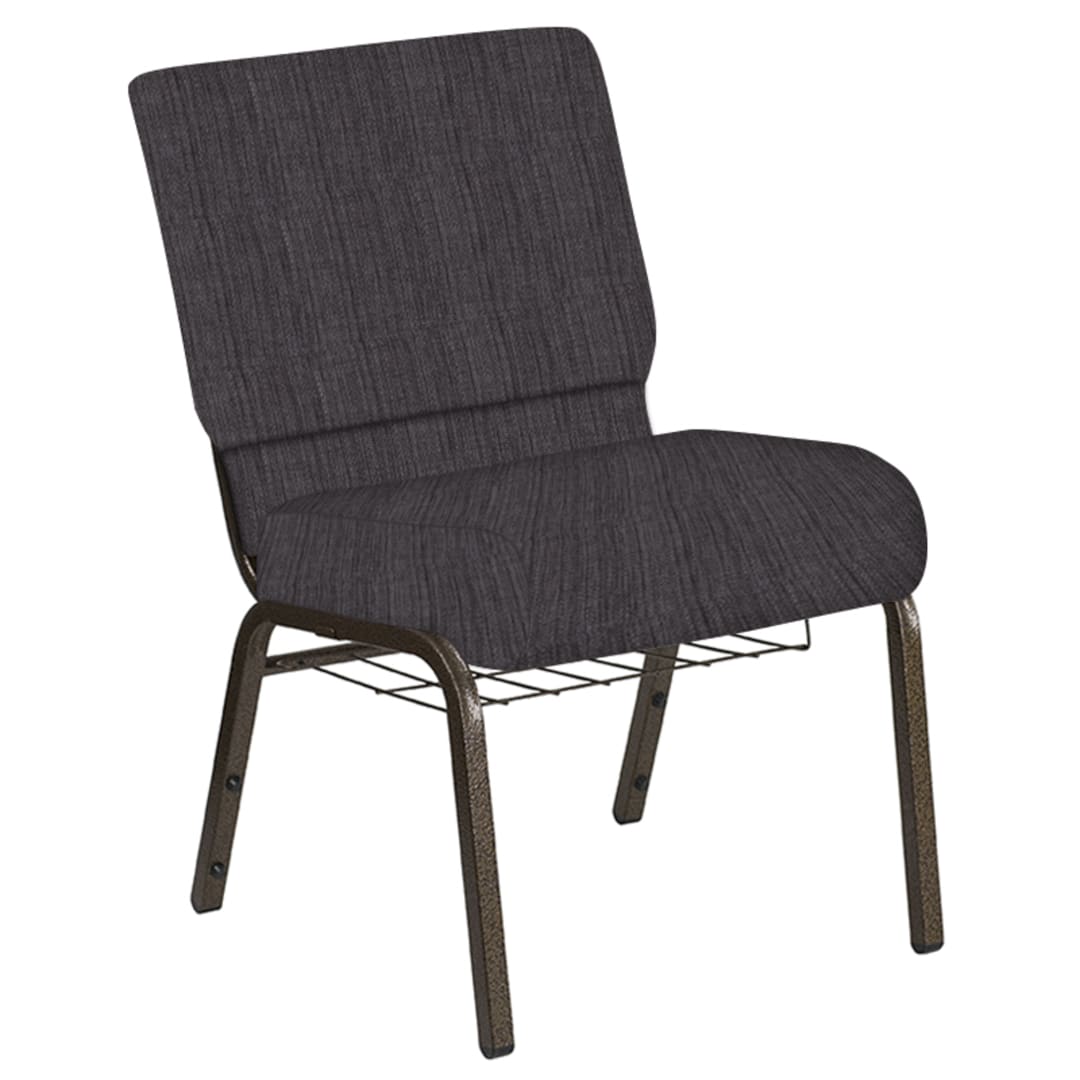 Embroidered 21''W Church Chair in Sammie Joe Chocolate Fabric with Book Rack - Gold Vein Frame