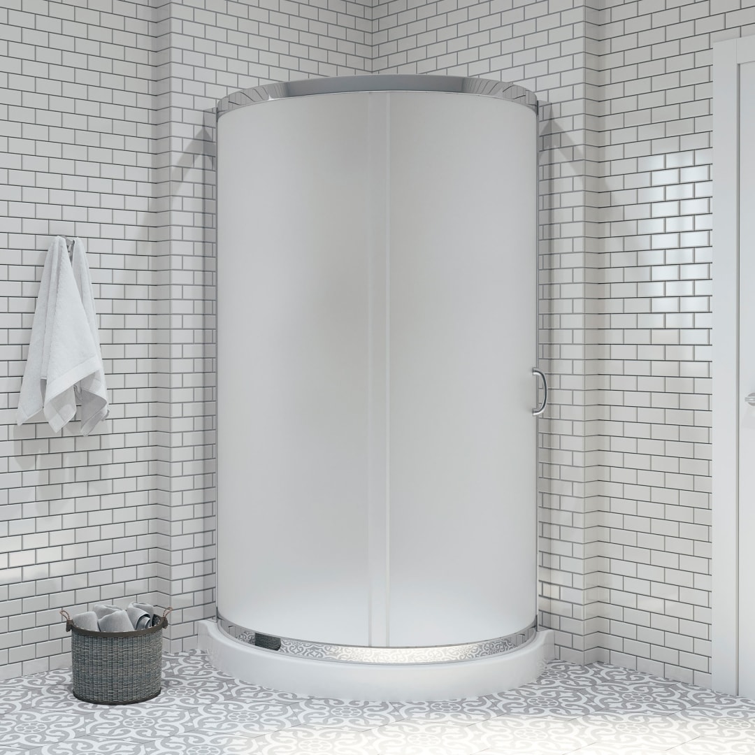 Breeze 40 in. L x 40 in. W x 77 in. H Round Corner Shower Kit in Chrome with Frosted Glass Sliding Door and Shower Base Pan (Walls not Included)