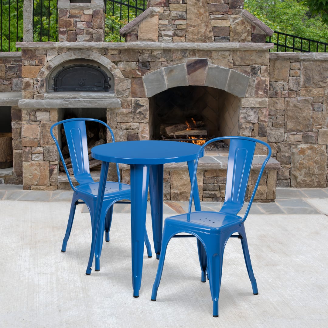 Napoleon Commercial Grade 24" Round Blue Metal Indoor-Outdoor Table Set with 2 Cafe Chairs