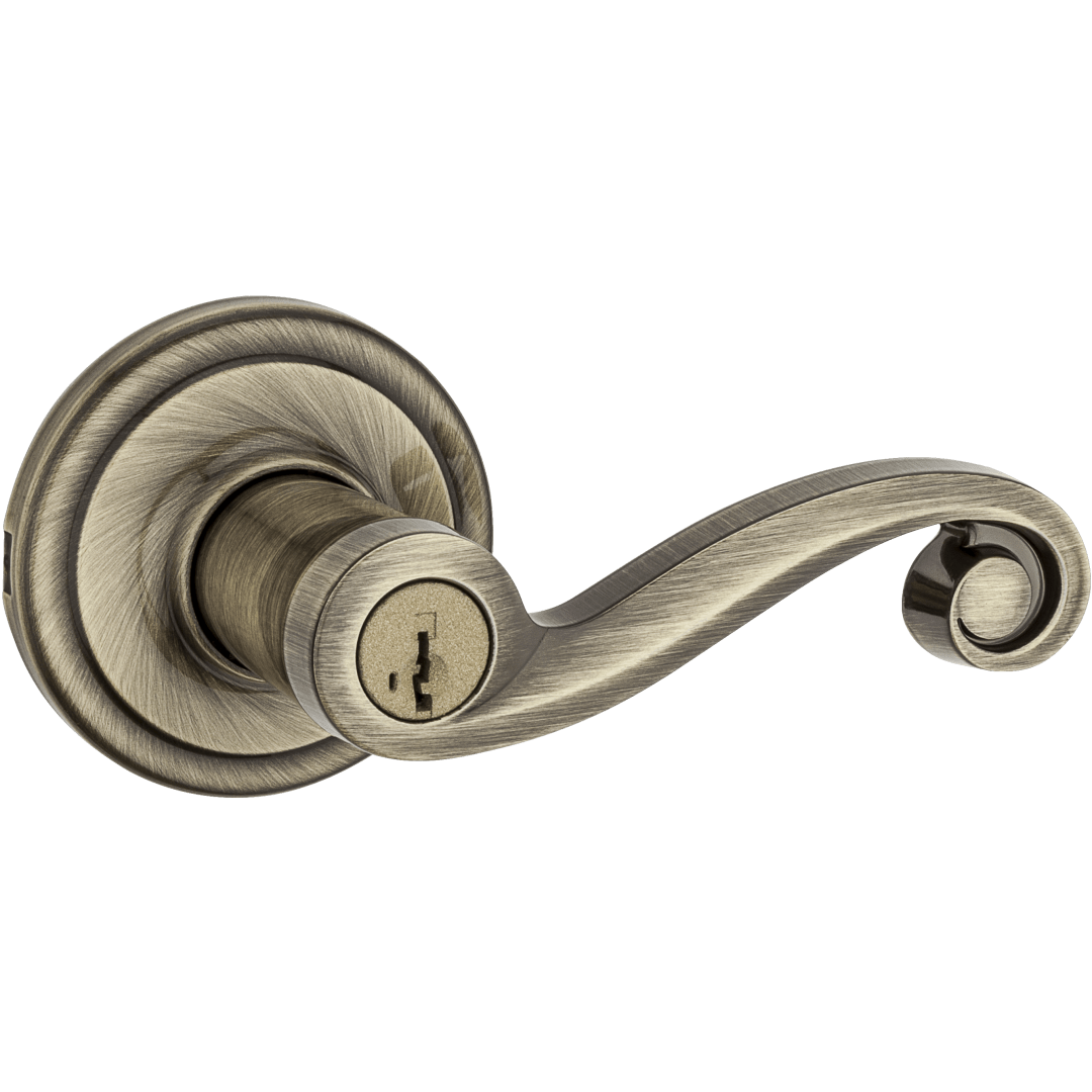 Lido Keyed Entry Lever featuring SmartKey Security™ in Antique Brass