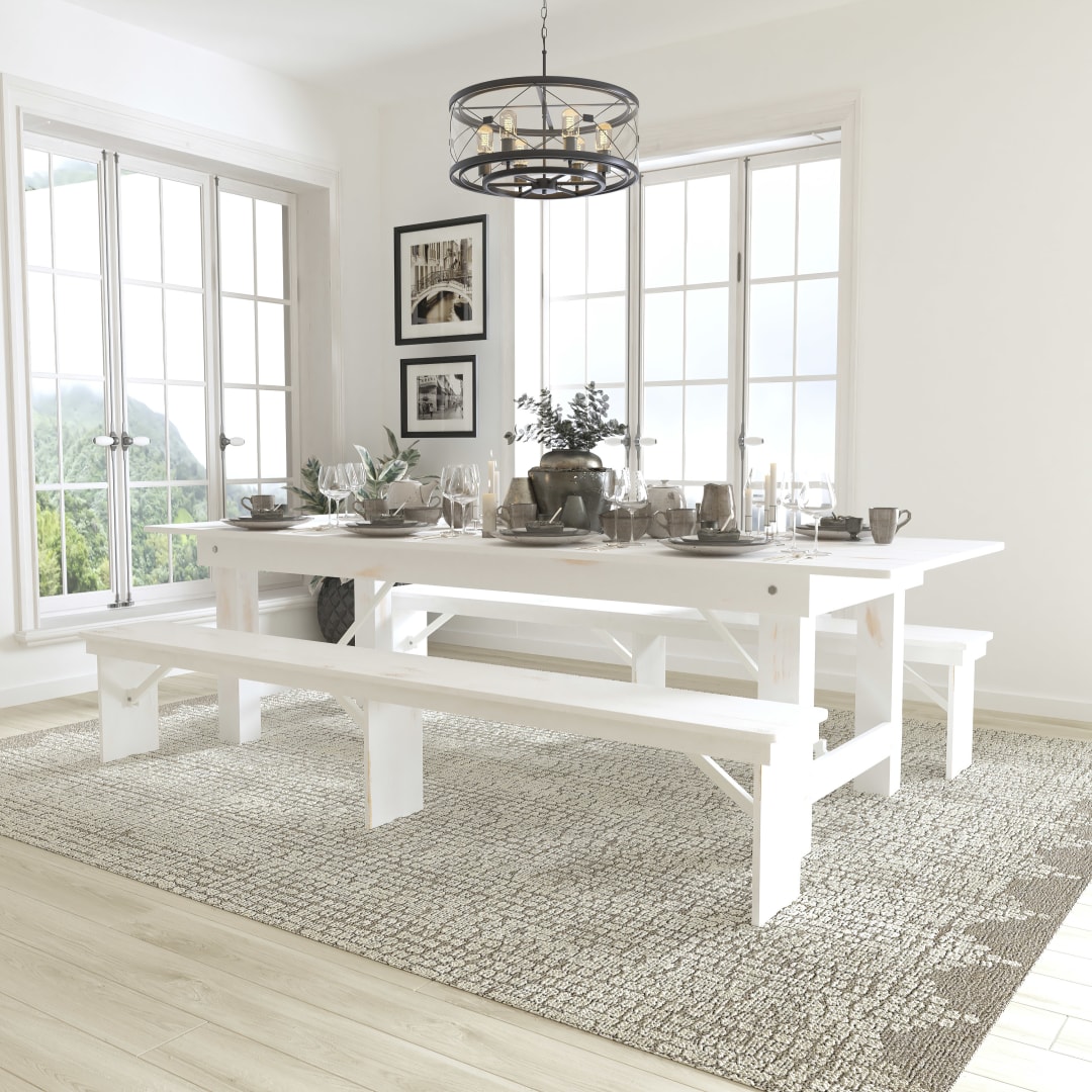 HERCULES Series 9' x 40" Antique Rustic White Folding Farm Table and Two Bench Set