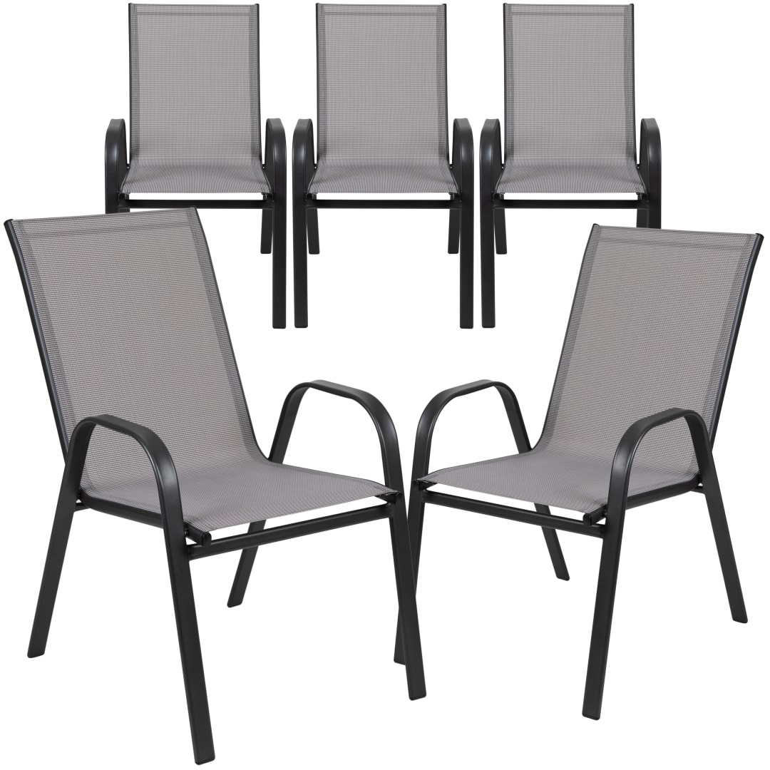 5 Pack Brazos Series Gray Outdoor Stack Chair with Flex Comfort Material and Metal Frame