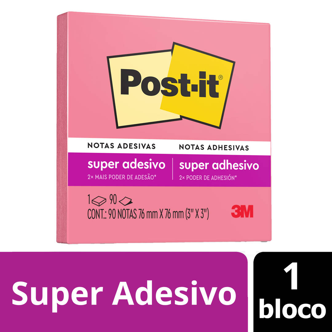 Bloco de Notas Super Adesivas Post-it®, Pink, 76 mm x 76 mm, 90 Folhas