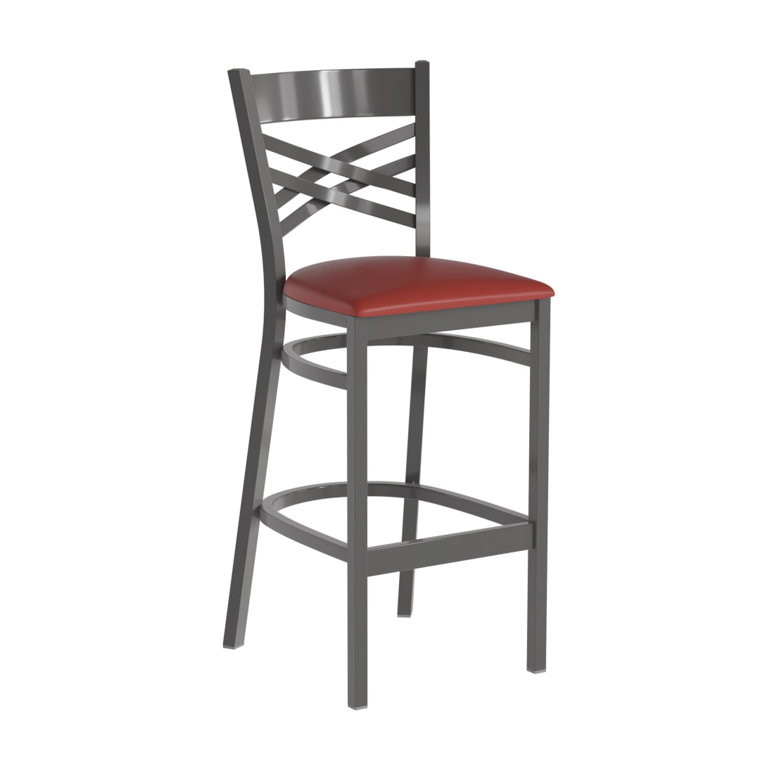 HERCULES Silver Antique Finish with Clear Coat ''X'' Back Metal Restaurant Barstool - Red Vinyl Seat