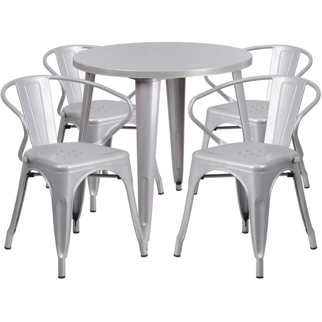 Cory Commercial Grade 30" Round Silver Metal Indoor-Outdoor Table Set with 4 Arm Chairs