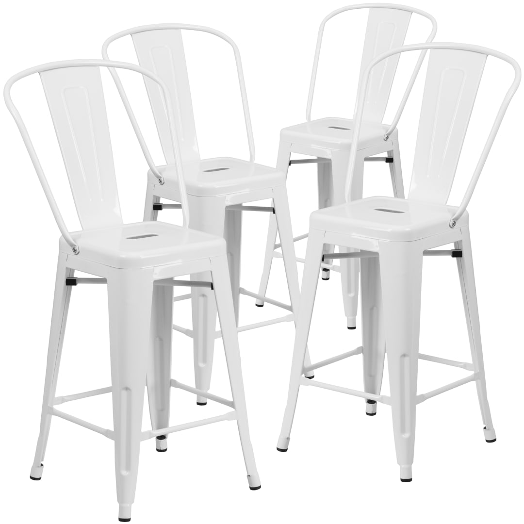 Lily Commercial Grade 4 Pack 24" High White Metal Indoor-Outdoor Counter Height Stool with Removable Back
