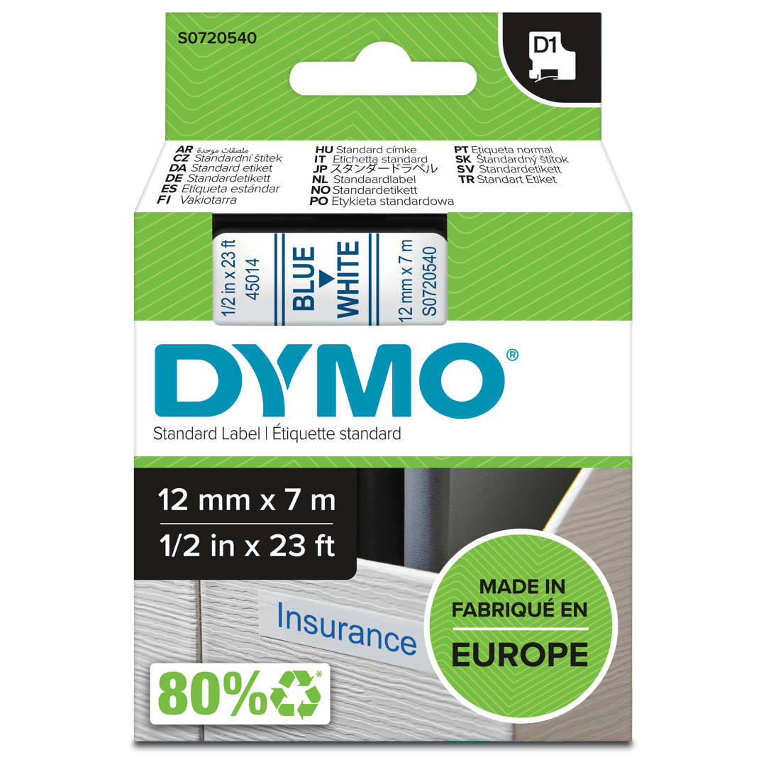 DYMO Authentic D1 Labels, Blue Print on White Tape, 12 mm x 7 m, Self-Adhesive Labels for LabelManager Label Makers, Made in Europe