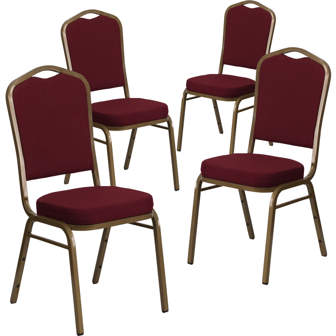 4 Pack HERCULES Series Crown Back Stacking Banquet Chair in Burgundy Fabric - Gold Frame