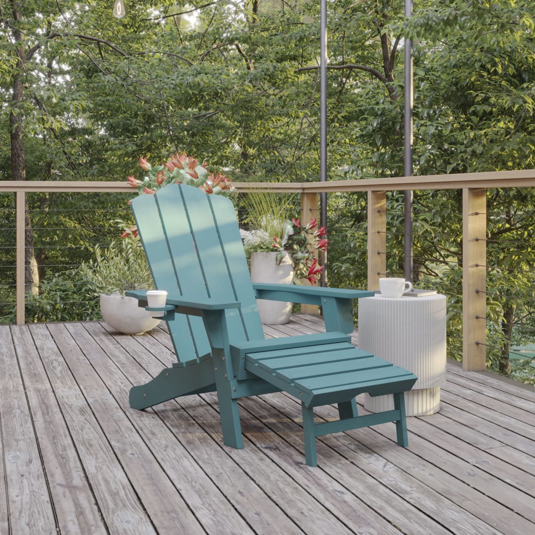Newport HDPE Adirondack Chair with Cup Holder and Pull Out Ottoman, All-Weather HDPE Indoor/Outdoor Lounge Chair in Blue