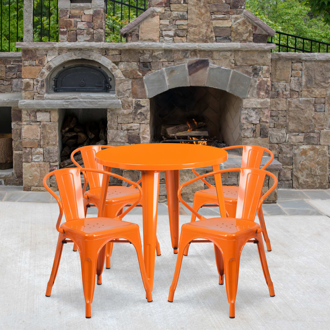 Cory Commercial Grade 30" Round Orange Metal Indoor-Outdoor Table Set with 4 Arm Chairs