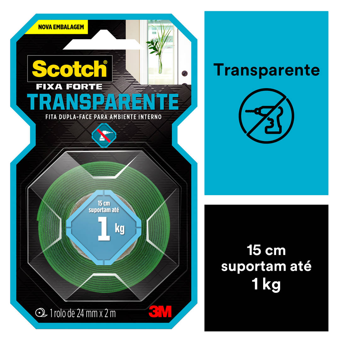 Fita Dupla Face 3M™ Scotch® Fixa Forte, Transparente, 24 mm x 2 m