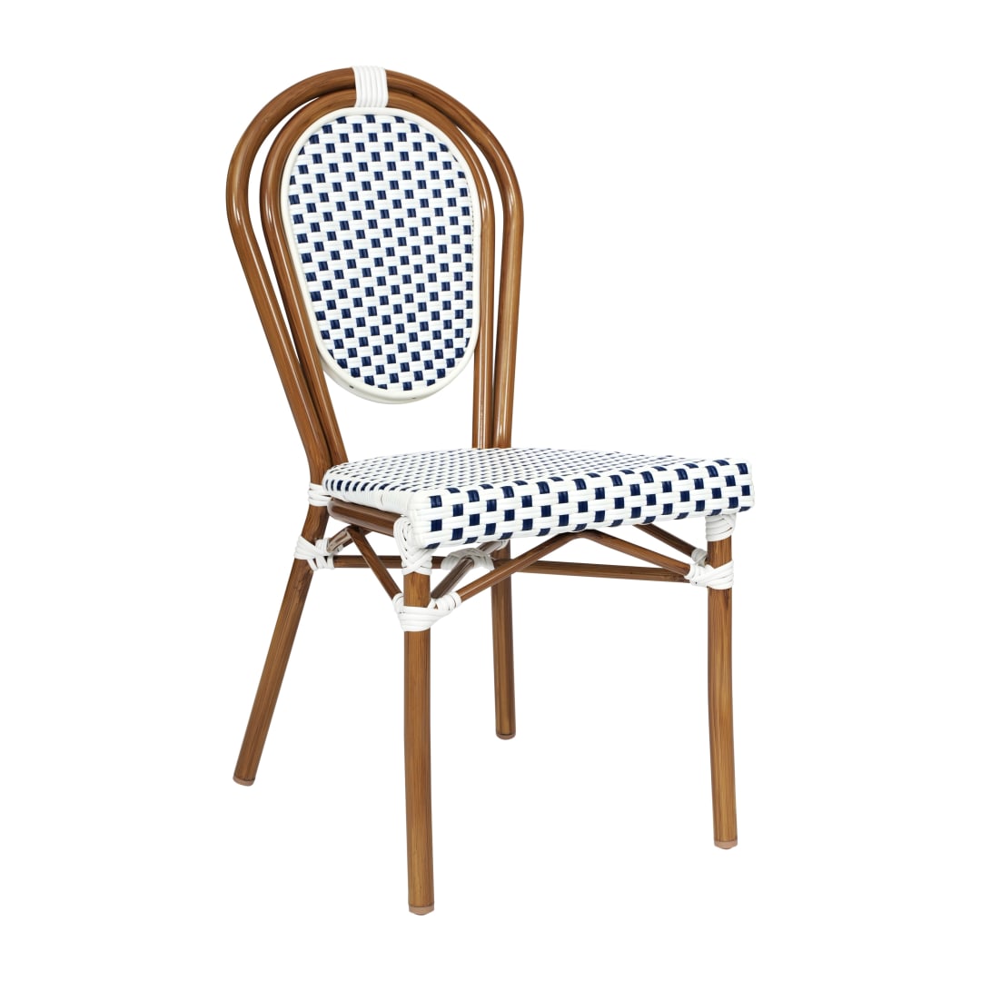 Lourdes Indoor/Outdoor Commercial Thonet Bistro Stacking Chair, White and Navy PE Rattan and Bamboo Print Aluminum Frame in Natural