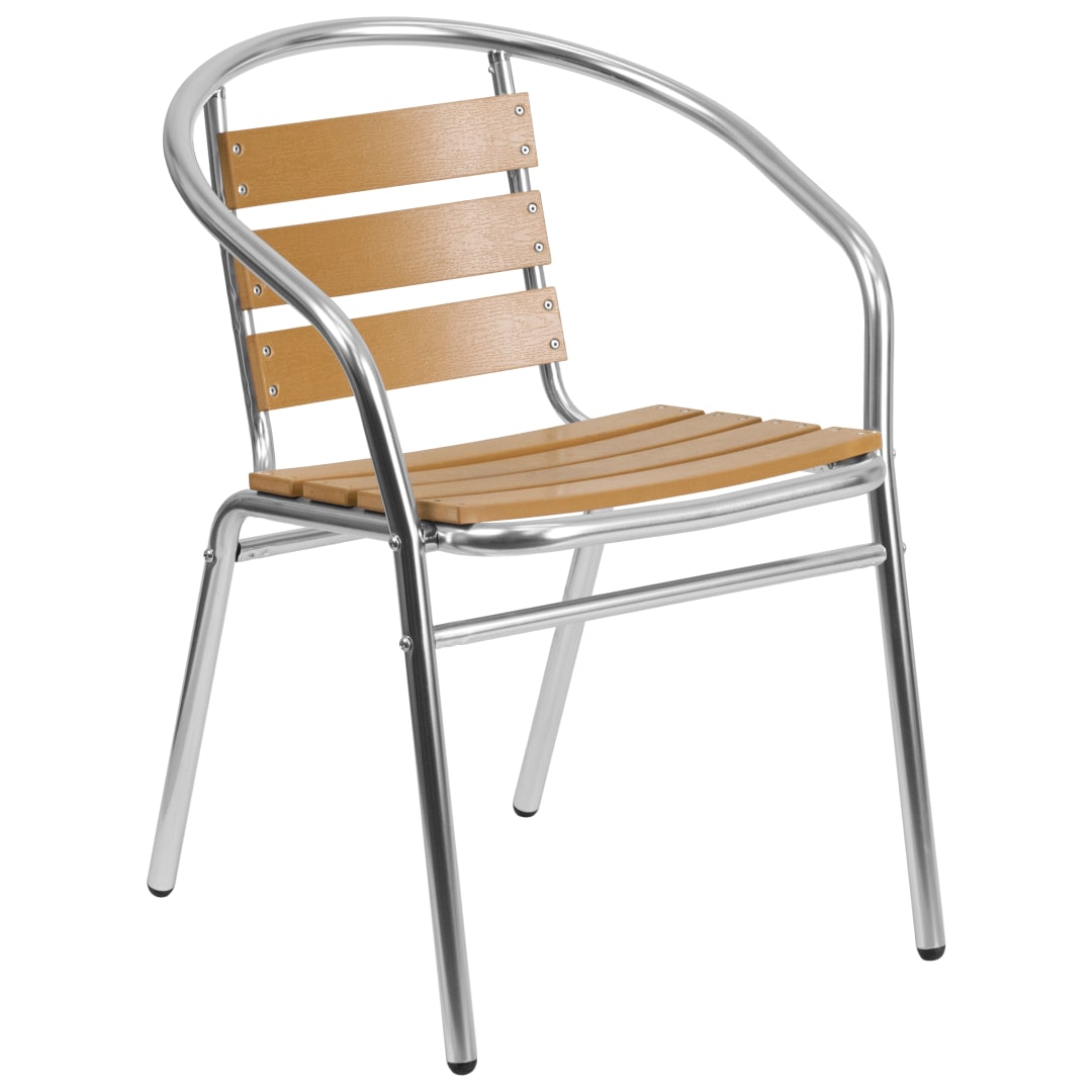 Lila Commercial Aluminum Indoor-Outdoor Restaurant Stack Chair with Triple Slat Faux Teak Back