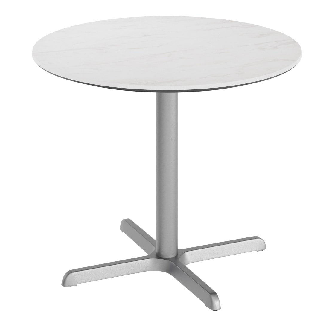 TopGuard 36" Round Outdoor Tabletop, White Faux Marble, Seamless Surface Technology, 30" x 30" Silver X Base, Moisture, Scratch, Heat, UV Resistant