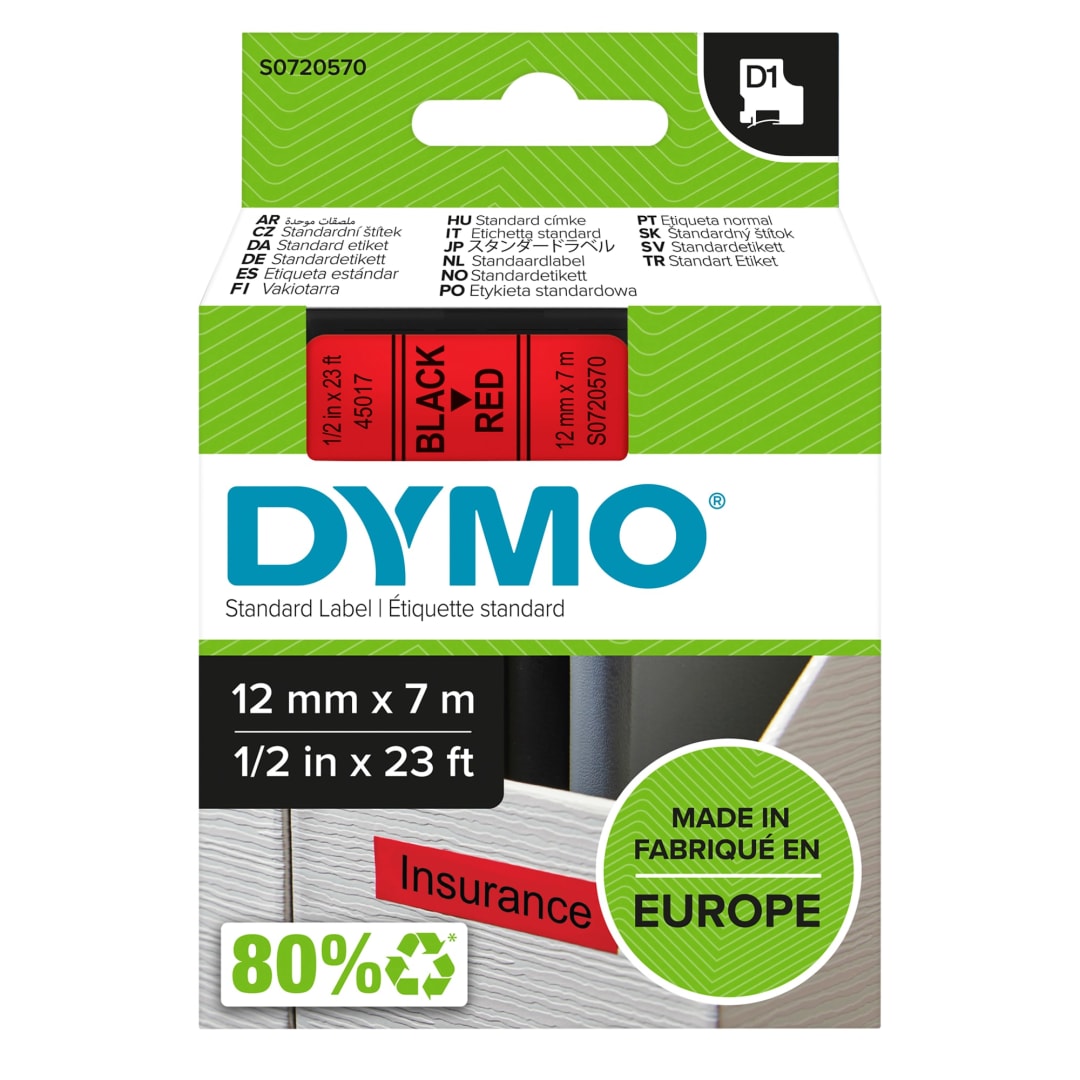 DYMO® Authentic D1 Labels, Black Print on Red Tape, 12 mm x 7 m, Self-Adhesive Labels for LabelManager Label Makers, Made in Europe