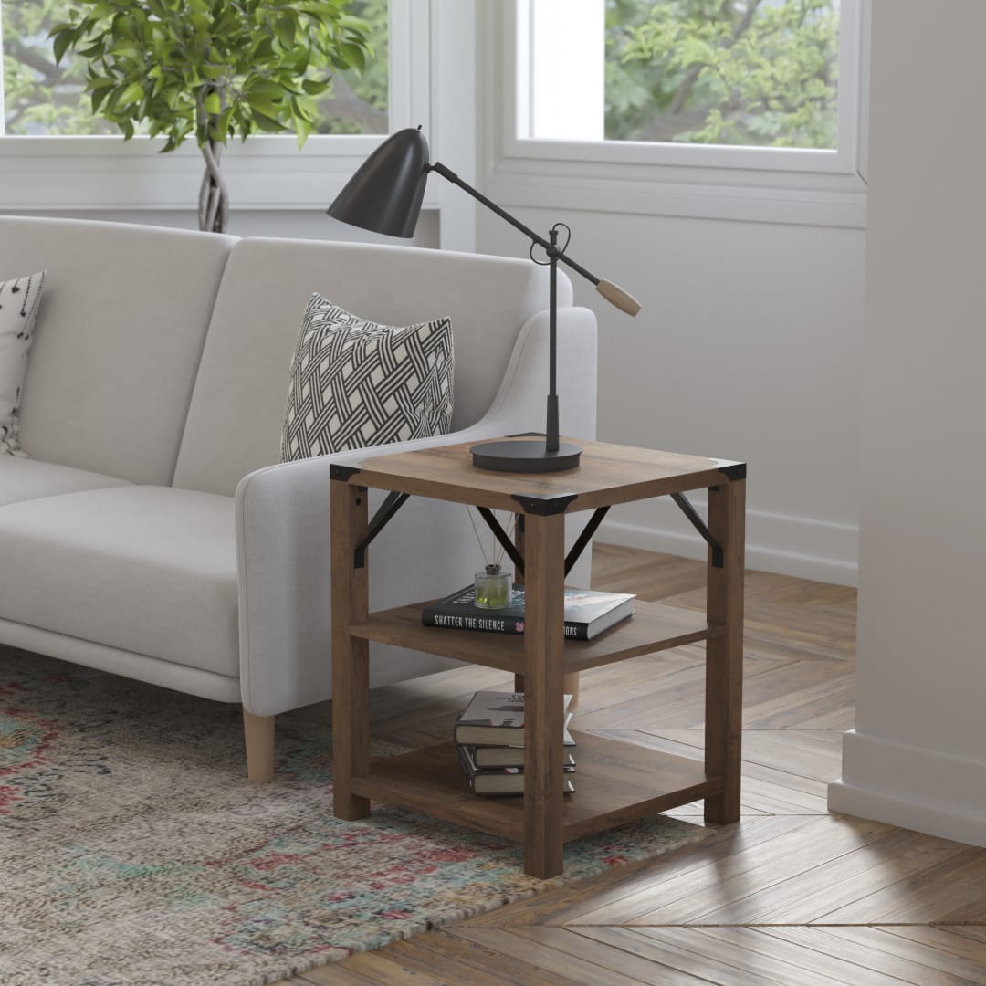 Wyatt Modern Farmhouse Wooden 3 Tier End Table with Black Metal Corner Accents and Cross Bracing, Rustic Oak