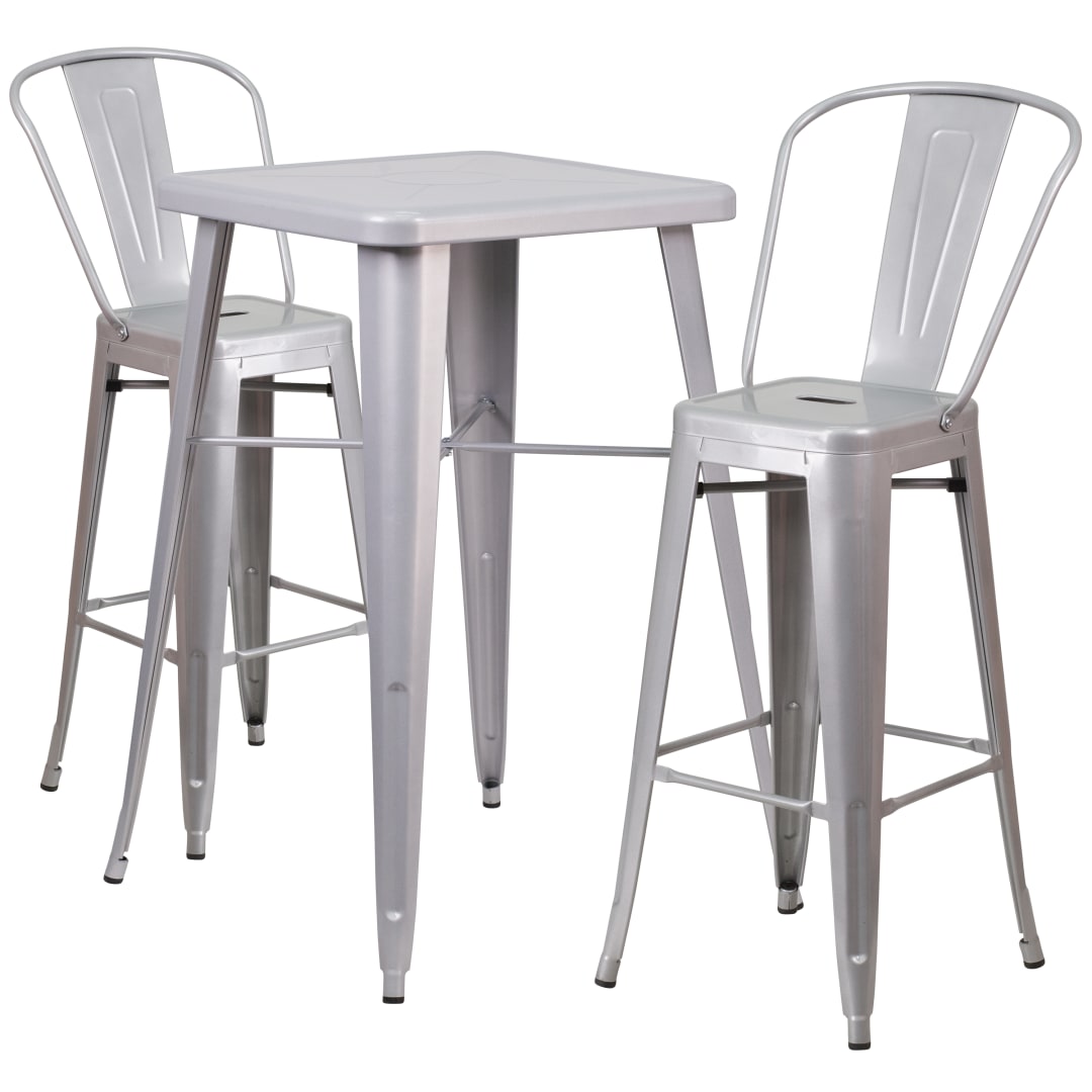 Gable Commercial Grade 23.75" Square Silver Metal Indoor-Outdoor Bar Table Set with 2 Stools with Backs