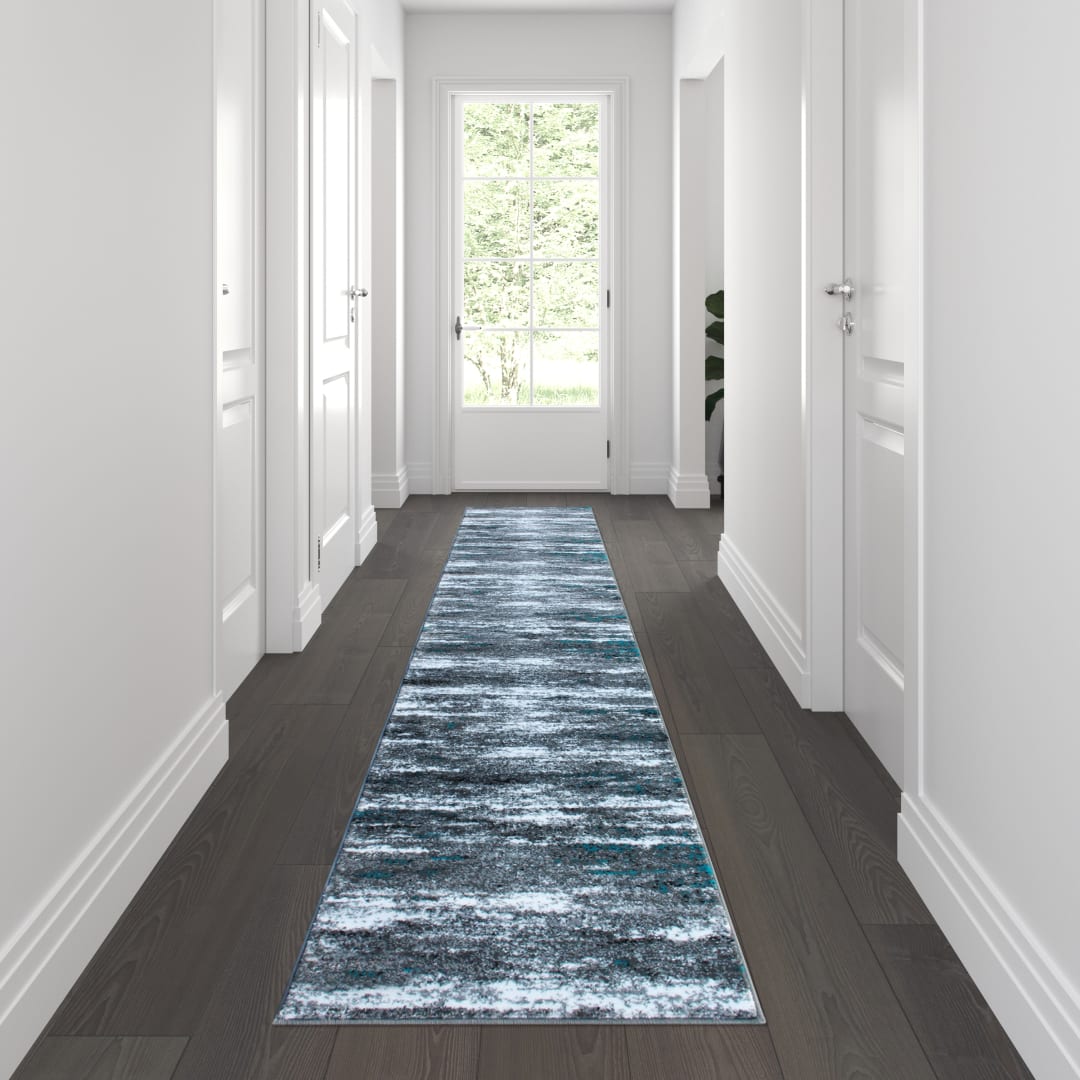 Marian Collection 2' x 11' Distressed Turquoise Olefin Area Rug with Jute Backing for Entryway, Living Room, Bedroom