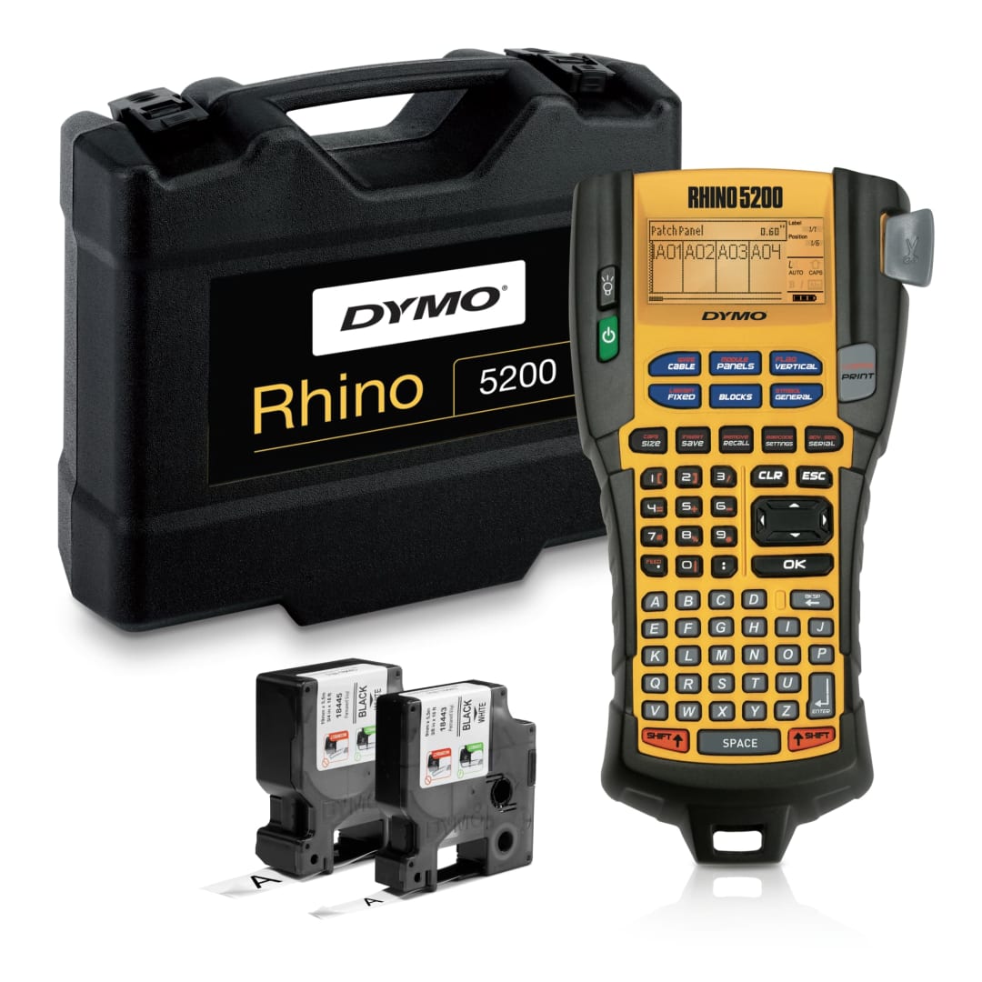 DYMO® Industrial Label Maker with Carry Case | Rhino 5200 Label Maker, For Job Sites and Heavy-Duty Labeling Jobs, Prints Fast, Includes 2 Rolls of DYMO® Industrial Vinyl Labels