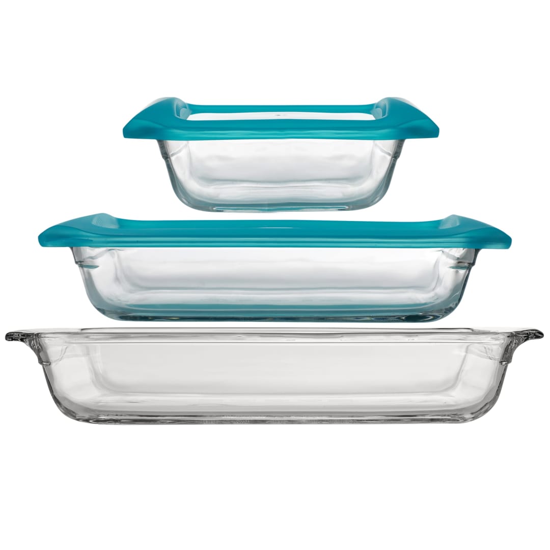 Libbey Baker’s Premium 5-Piece Glass Bakeware Set, Includes 10x14, 9x13 with Lid, and 8x8 with Lid, Stackable with GreatGrip™ Handles