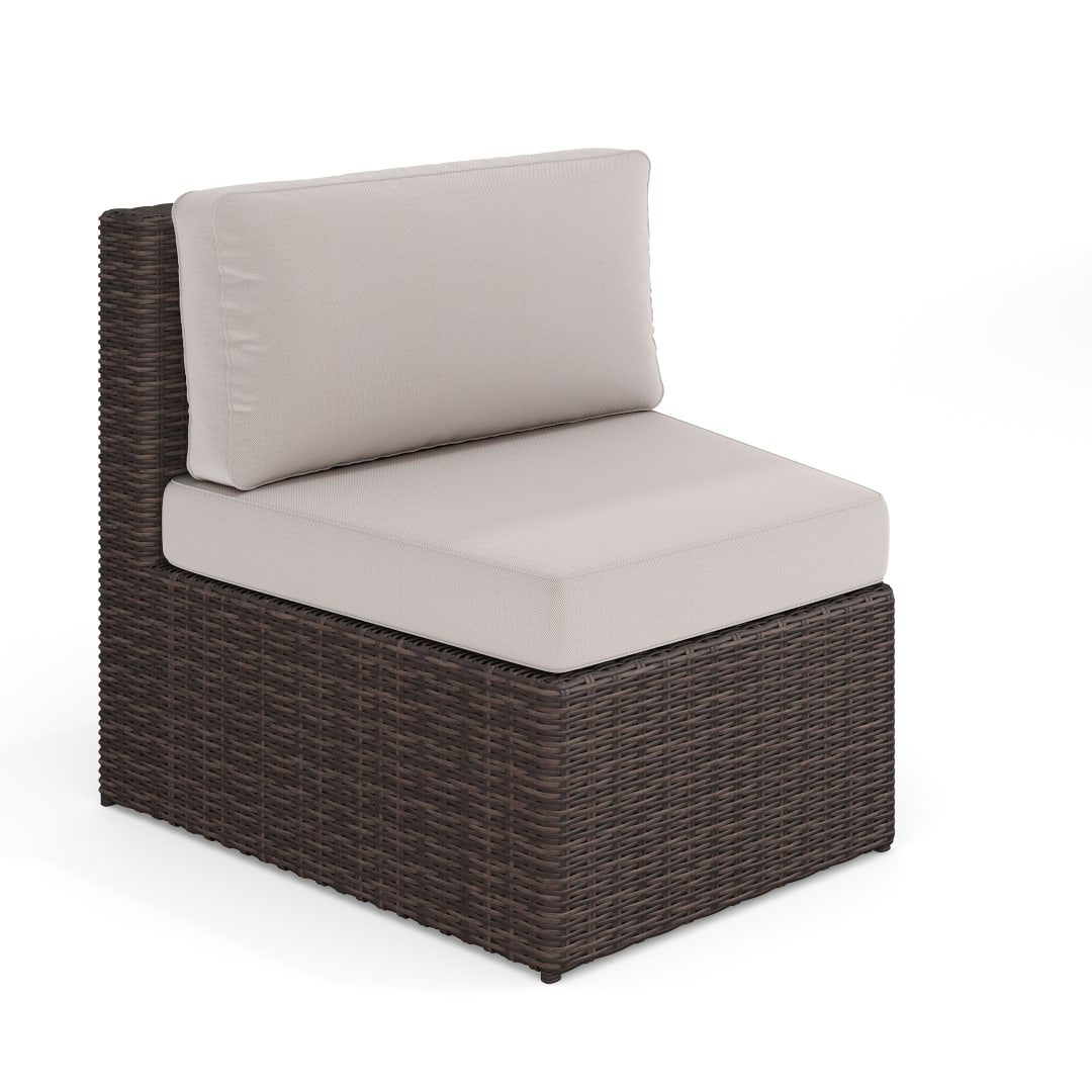 Bedford Indoor-Outdoor Modular Patio Curved Sectional Sofa Seat in Brown Rattan Wicker with Tan All-Weather Cushions