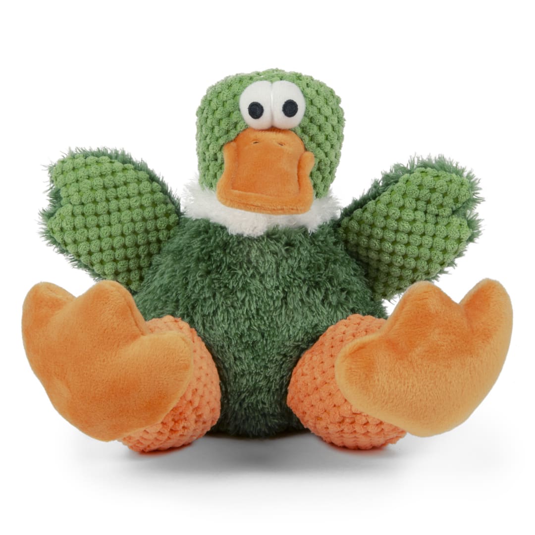 goDog Farm Friends Sitting Duck Squeaky Dog Toy, Plush with Chew Guard Technology, Green, Large