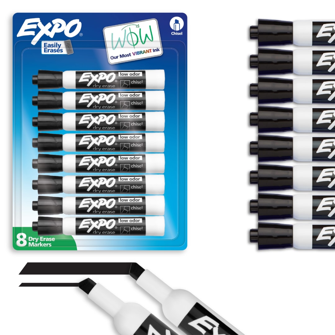 EXPO Dry Erase Markers, Low Odor Ink, Black, Chisel Tip, 8 Count