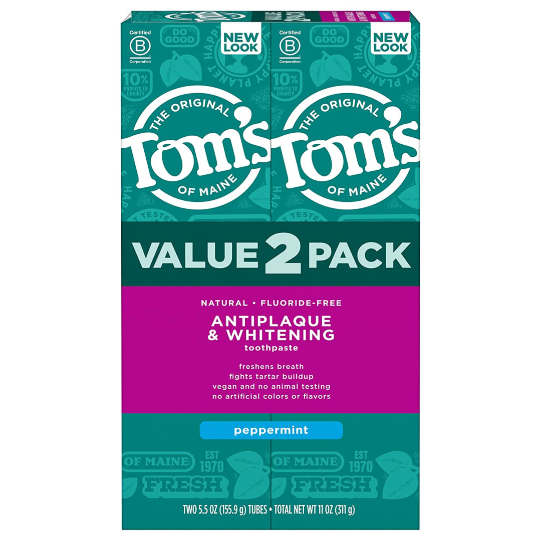 Tom's of Maine Fluoride-Free Antiplaque & Whitening Natural Toothpaste, Vegan, Peppermint, 5.5 oz. 2-Pack