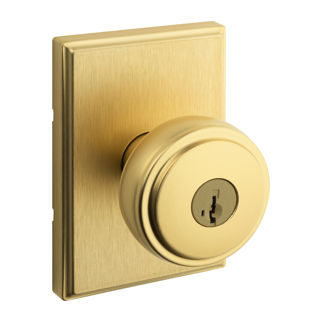 Sora Keyed Entry Knob w/ Rectangular Rose featuring SmartKey Security™ in Satin Brass