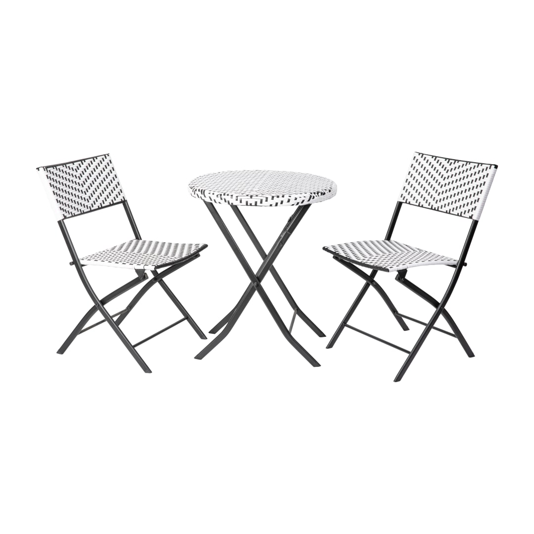 Rouen Three Piece Commercial Grade Foldable Bistro Set, Indoor/Outdoor PE Rattan Back, Seat and Table Top, Black/White with Black Steel Frames