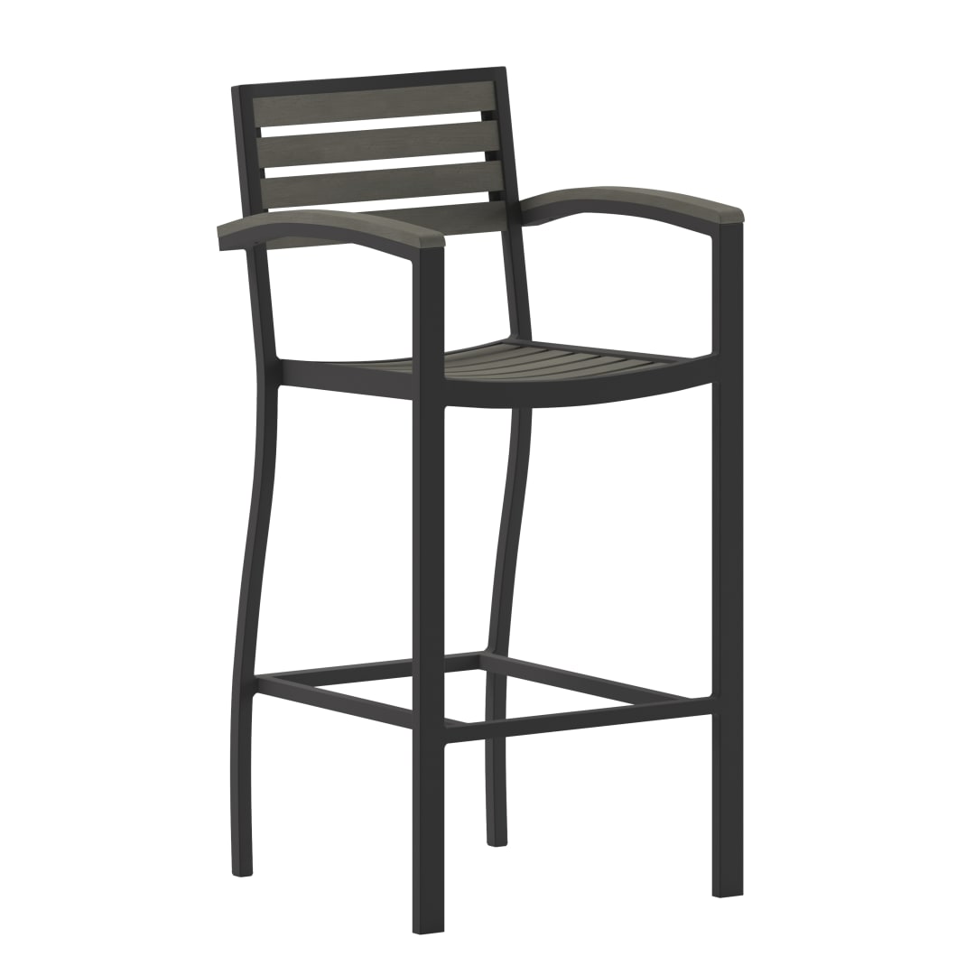 Lark Commercial Grade Bar Height Stool with Arms, All-Weather Outdoor Bar Stool with Faux Wood Poly Resin Slats and Aluminum Frame, Gray Wash