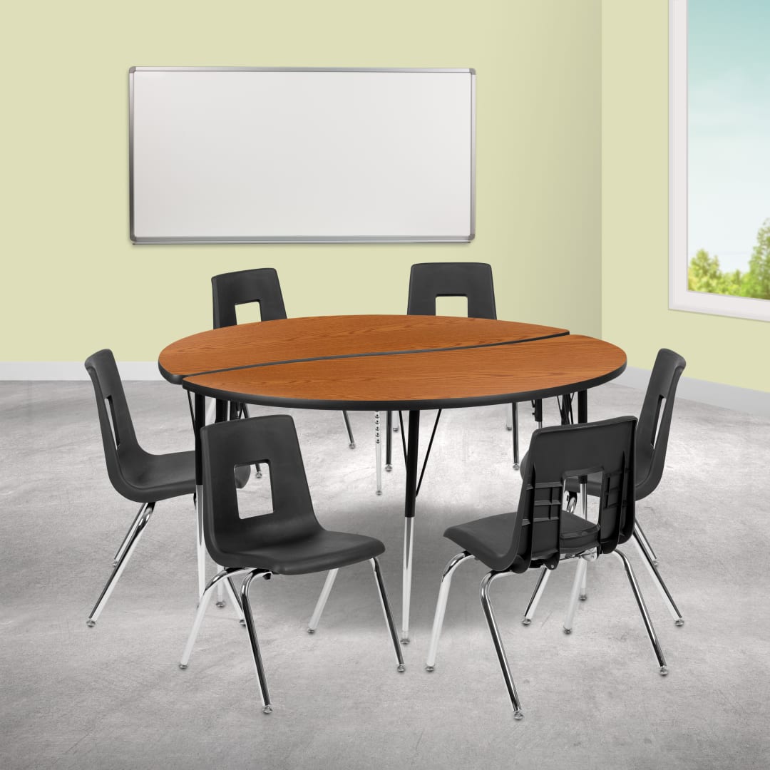 Emmy 60" Circle Wave Flexible Laminate Activity Table Set with 18" Student Stack Chairs, Oak/Black