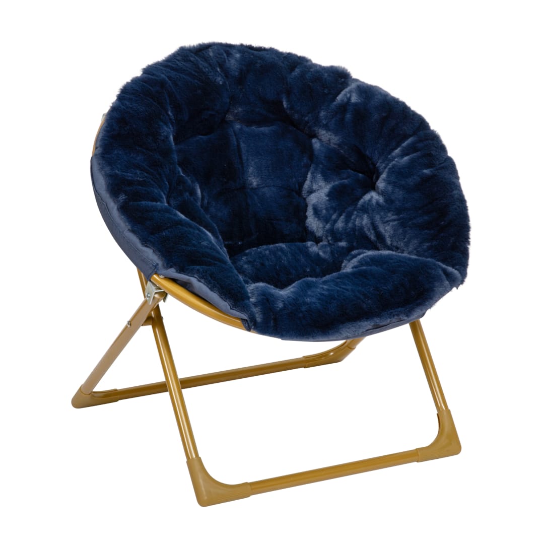 Gwen 23" Kids Cozy Mini Folding Saucer Chair, Faux Fur Moon Chair for Toddlers and Bedroom, Navy/Soft Gold