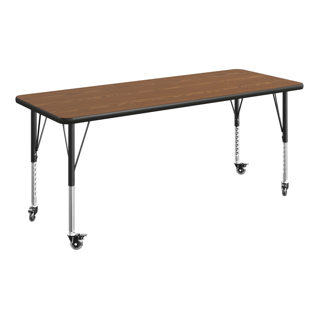Wren 60" x 24" Adjustable Height Activity Table, Thermal Laminate Top, Short Legs with Locking Casters, Oak