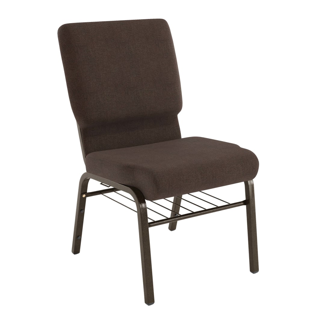 HERCULES Series 18.5''W Church Chair in Brown Fabric with Book Rack - Gold Vein Frame