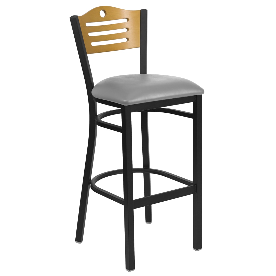 HERCULES Series Black Slat Back Metal Restaurant Barstool - Natural Wood Back, Custom Upholstered Seat