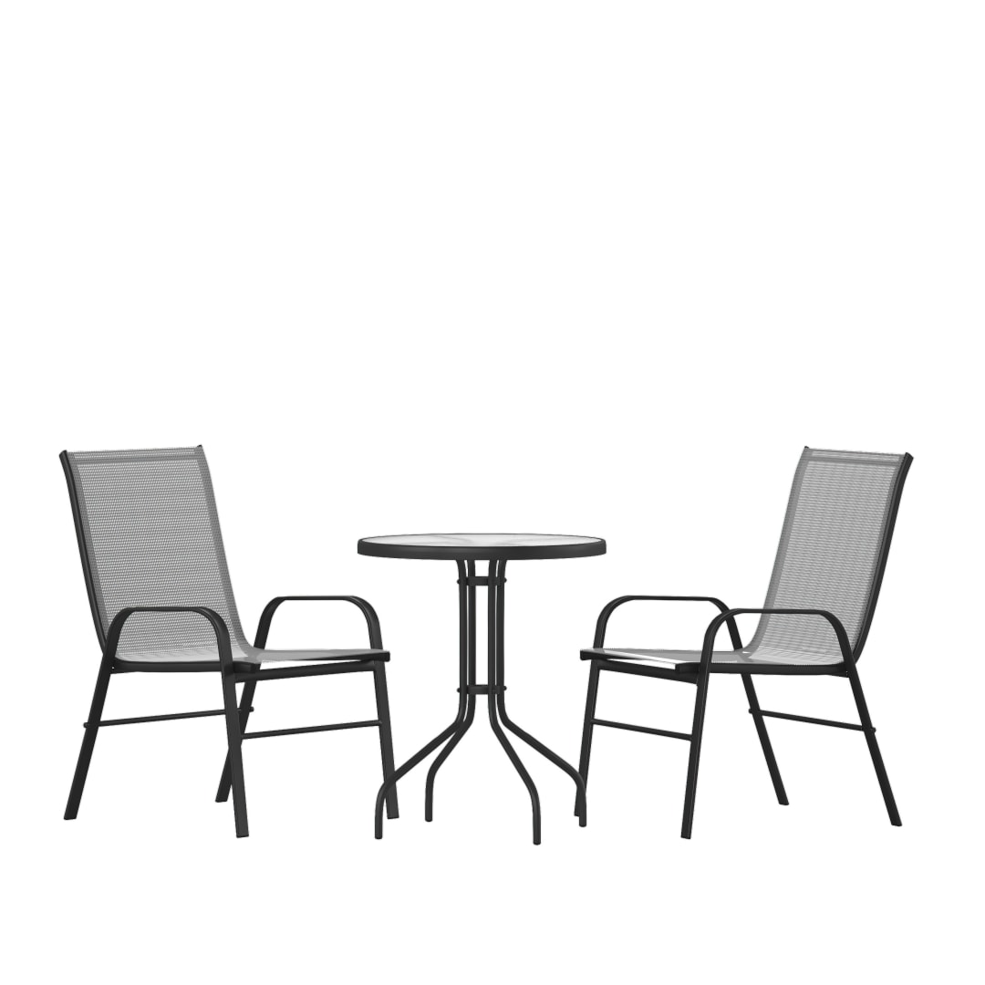 Brazos 3 Piece Outdoor Patio Dining Set - 23.75" Round Tempered Glass Patio Table, 2 Gray Flex Comfort Stack Chairs