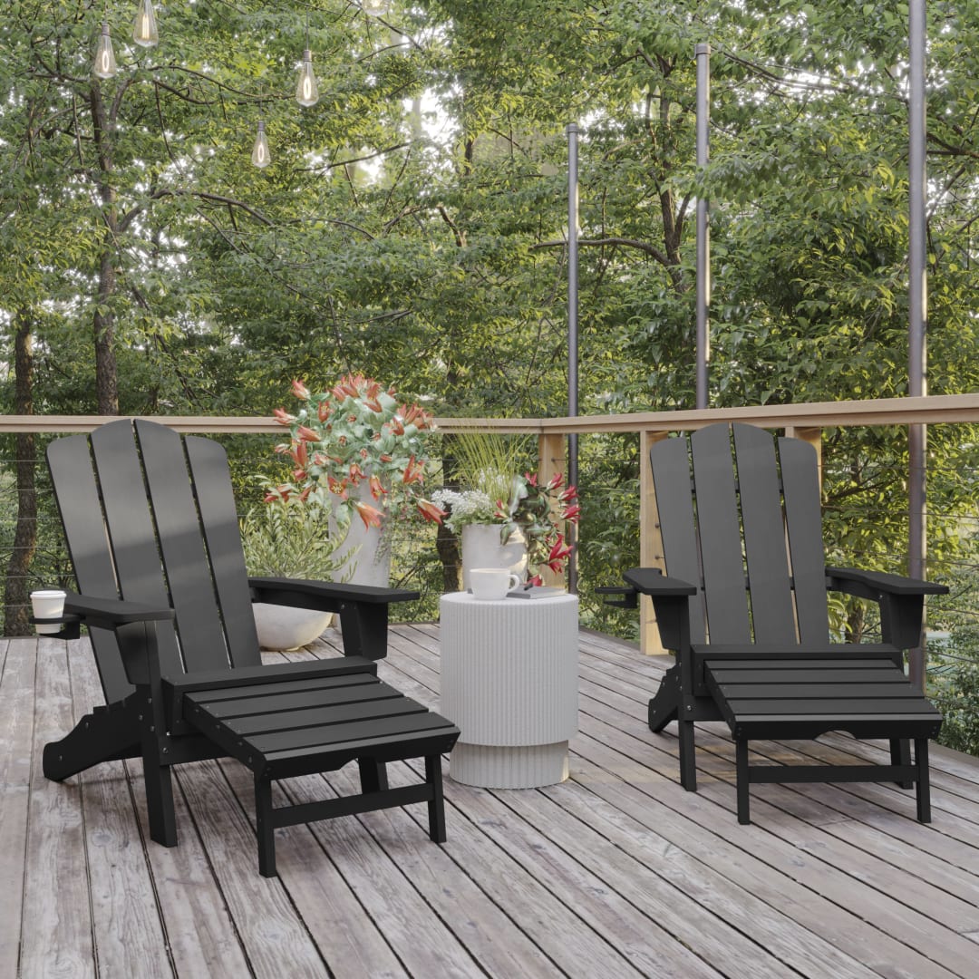 Newport HDPE Adirondack Chair with Cup Holder and Pull Out Ottoman, All-Weather HDPE Indoor/Outdoor Lounge Chair in Gray, Set of 2