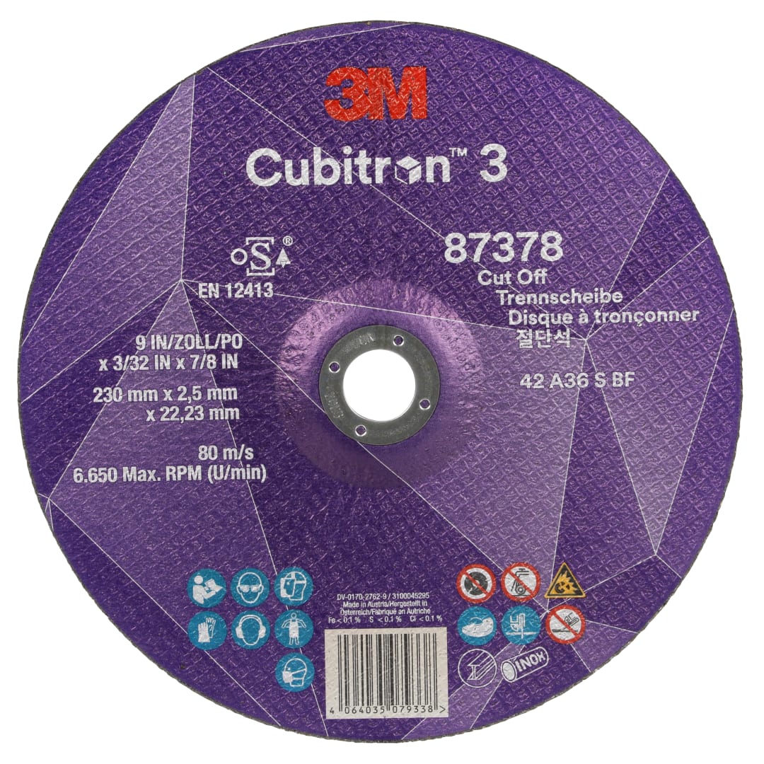 3M™ Cubitron™ 3 Kesme Taşı, 87378, 36+, T42, 230 mm x 2,5 mm x 22,23 mm, EN, 25/Paket, 50 adet/Kutu