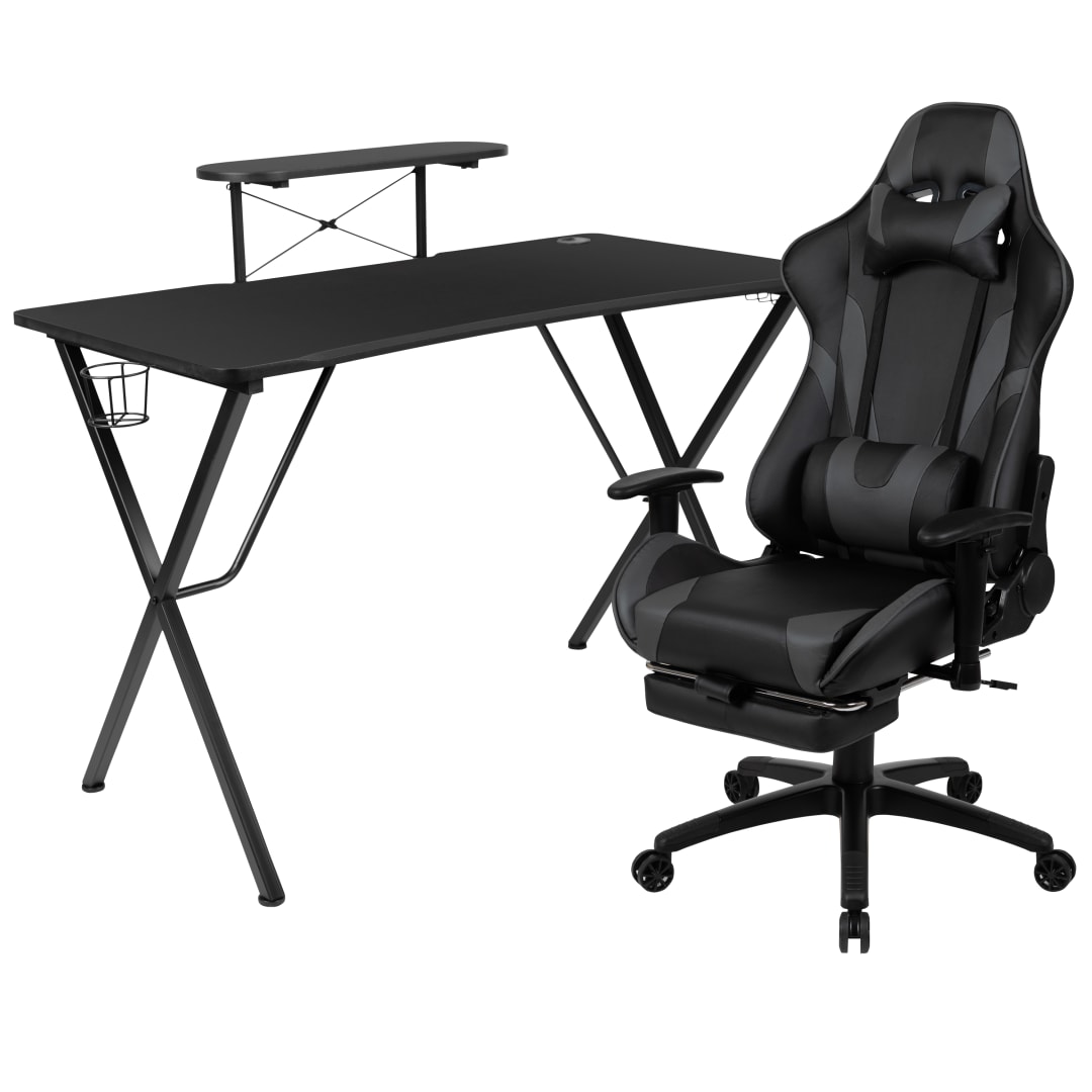 Optis Black Gaming Desk with Cup Holder/Headphone Hook and Monitor/Smartphone Stand &amp; Gray Reclining Gaming Chair with Footrest