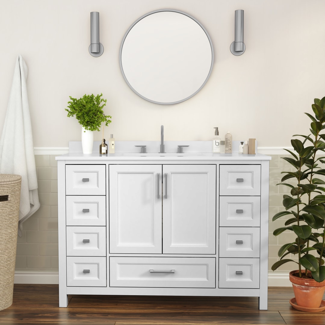 Vega 48 Inch Bathroom Vanity with Sink, Storage Cabinet with Soft Close Doors, and 9 Drawers, Carrara Marble Finish Countertop, White