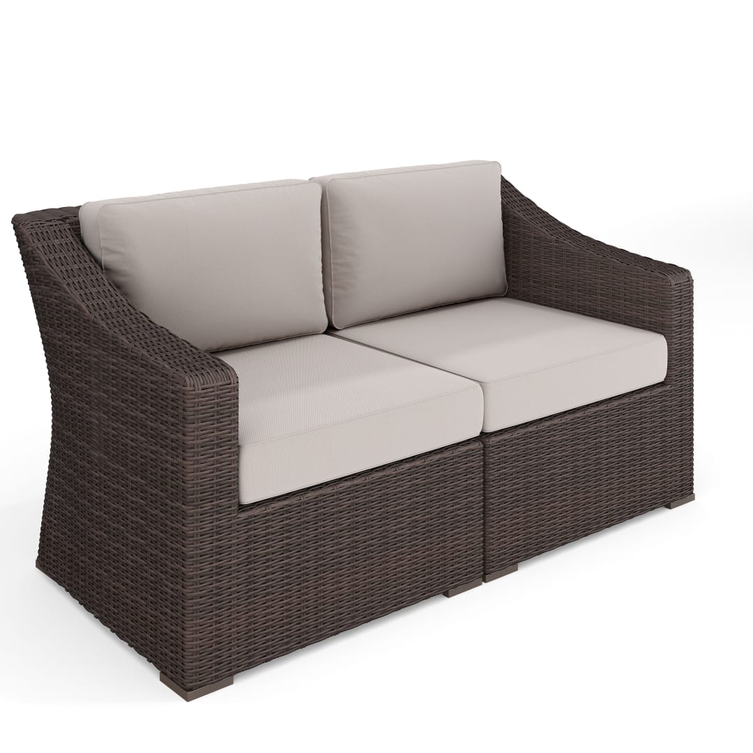 Bedford Indoor-Outdoor Modular Patio Loveseat in Brown Rattan Wicker with Tan All-Weather Cushions