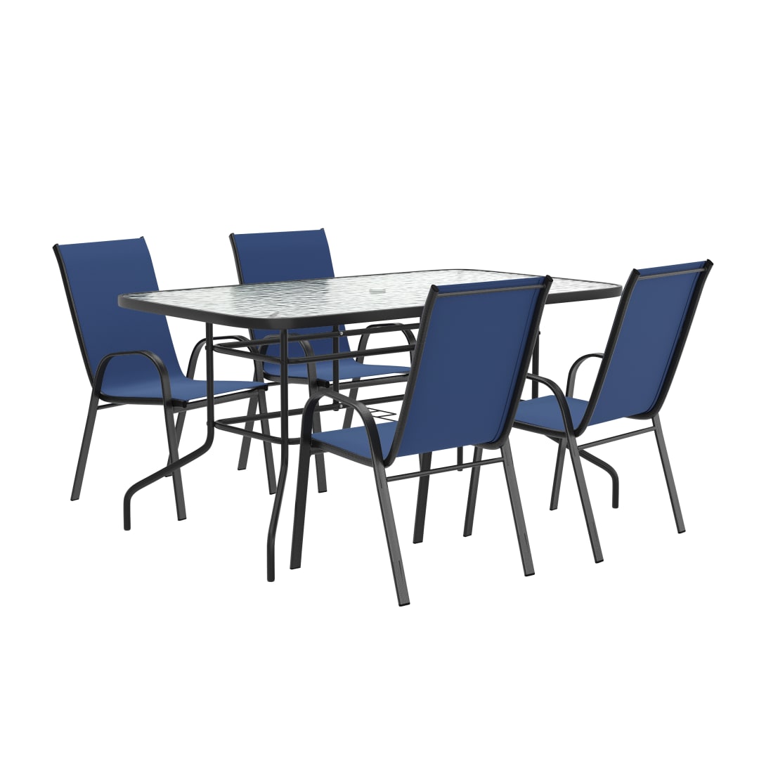 Brazos 5 Piece Outdoor Patio Dining Set - 55" Tempered Glass Patio Table with Umbrella Hole, 4 Navy Flex Comfort Stack Chairs